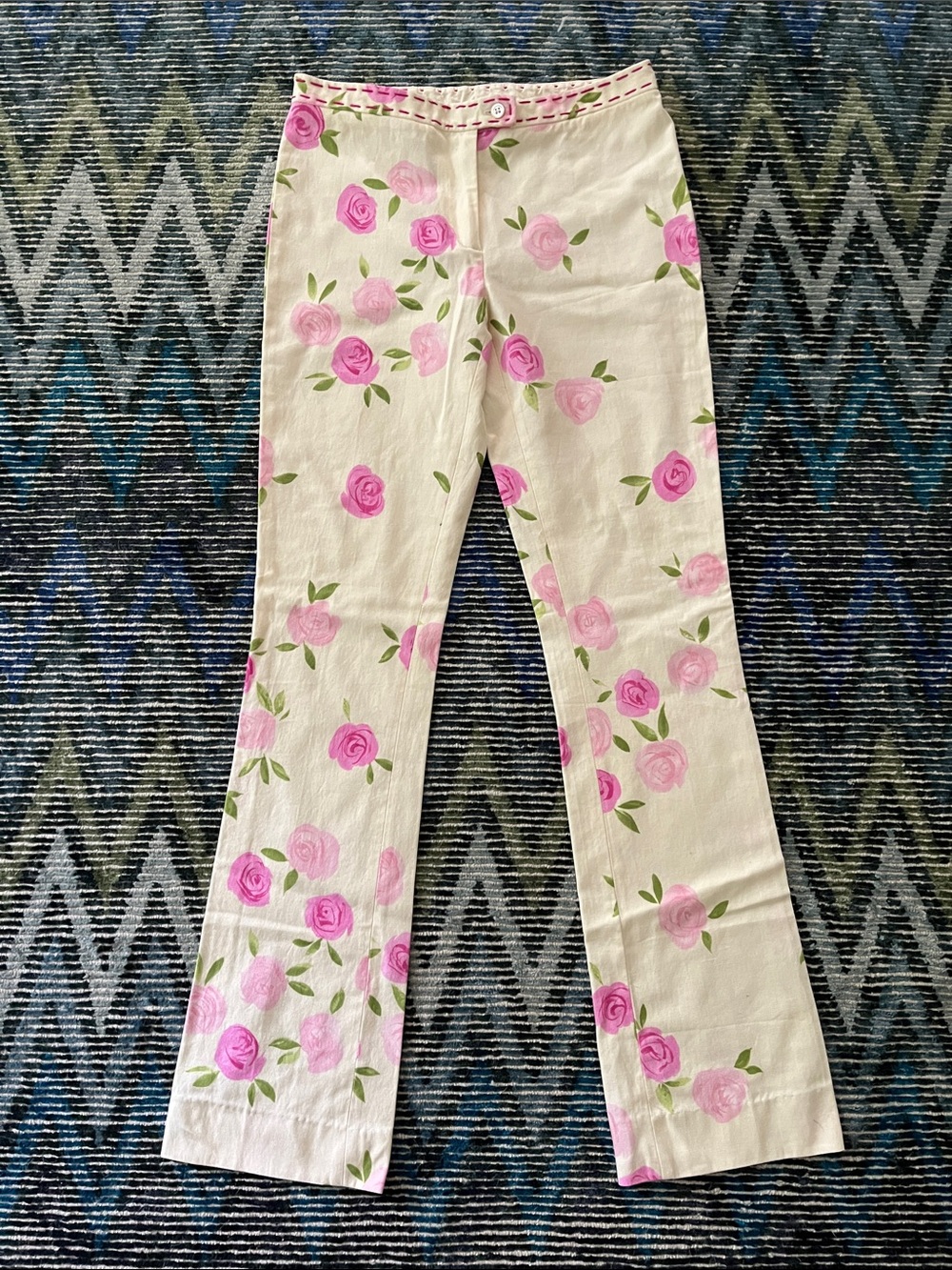 Vintage Y2K Moschino Cream Pants with Pink Rose Print